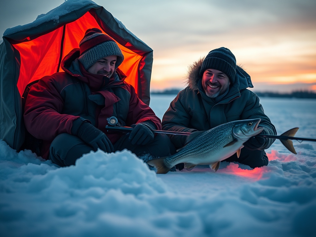“Two winter anglers in insulated shelters on a frozen lake, warm light, electronic fish finder glow, tense fishing line, quiet snowy silence, smiling after a bite.” "You MUST not include ANY brand images or logos. You may ONLY reply with the format gi