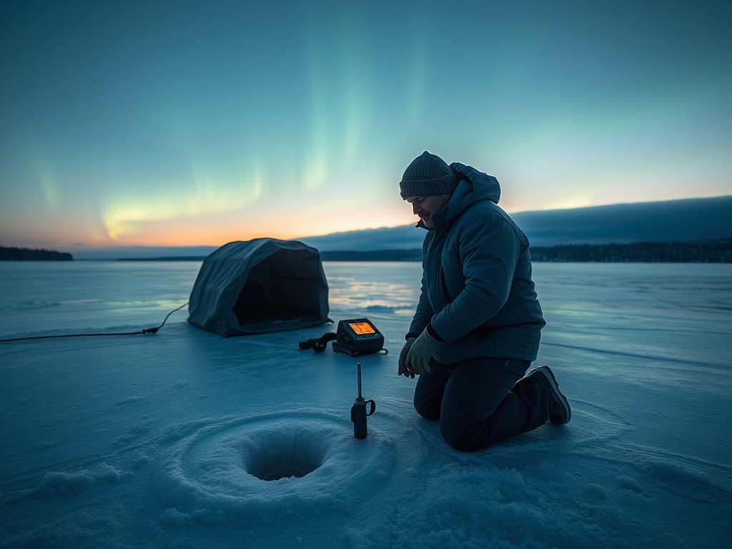 A winter lake at dusk, “ice-fishing guide” kneeling by a drilled hole, pointing at an electronic fish finder, “insulated shelter” nearby, aurora reflections.