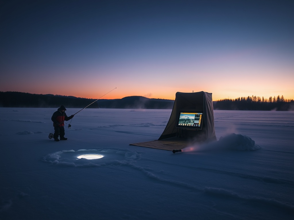 "Frozen lake at dusk, lone angler drilling two ice holes, insulated shelter, glowing fish-finder screen, agile jigging line, snow mist."