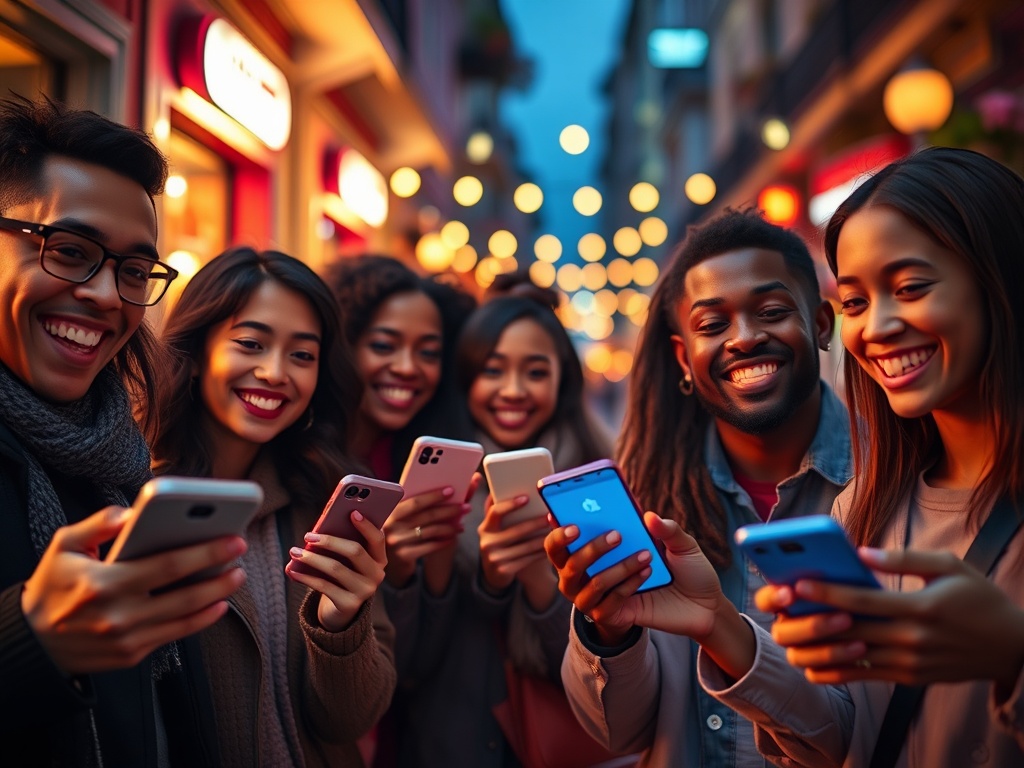 Smiling diverse users holding smartphones, glowing mobile interface icons, fast connection feel, cozy home and on-the-go street lighting, dynamic motion blur, vibrant colors, cinematic lighting.