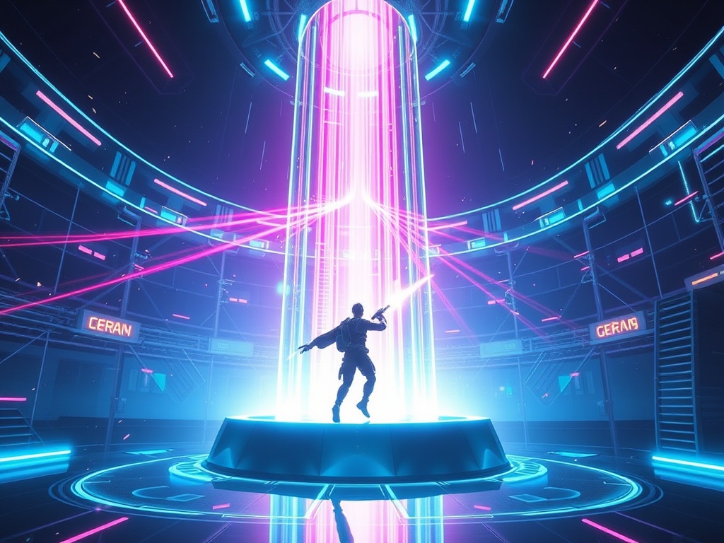 A player silhouette launching neon streaks through a glowing glass tower arena, split-second strategy shadows, dynamic motion blur, intense adrenaline lighting, minimalistic futuristic UI shapes.