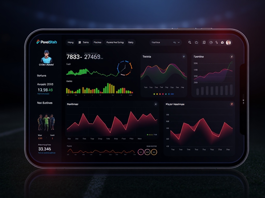 A futuristic mobile dashboard showing cricket, football, tennis analytics with realtime graphs, comparative player heatmaps, and flowing trend lines; sleek dark theme, UI glow.