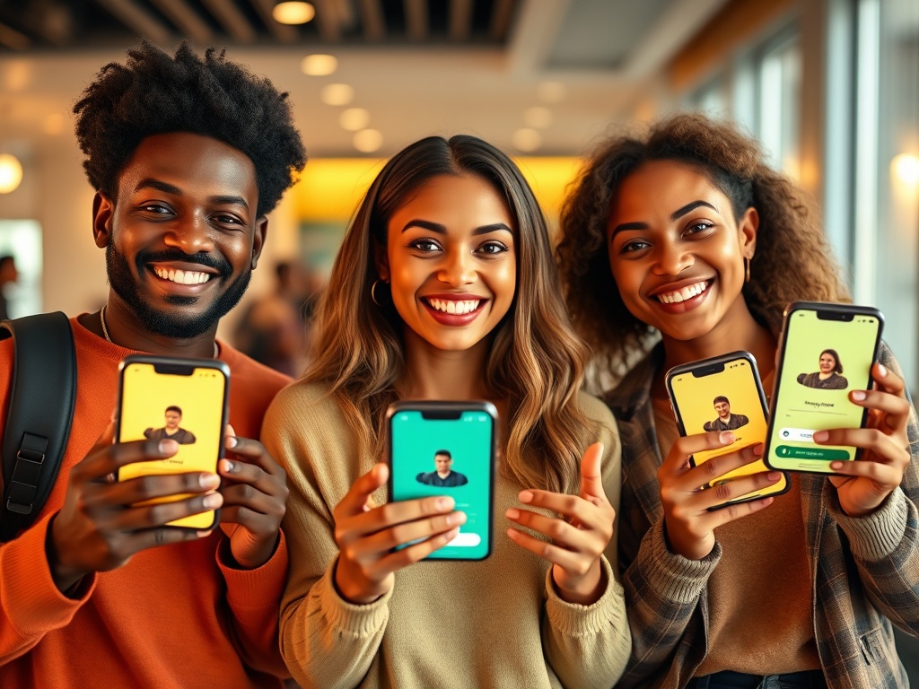 Three diverse smiling adults holding smartphones showing glowing app cards, smooth interface feel, welcoming registration, modern lifestyle background, soft light, dynamic motion, cinematic realism"