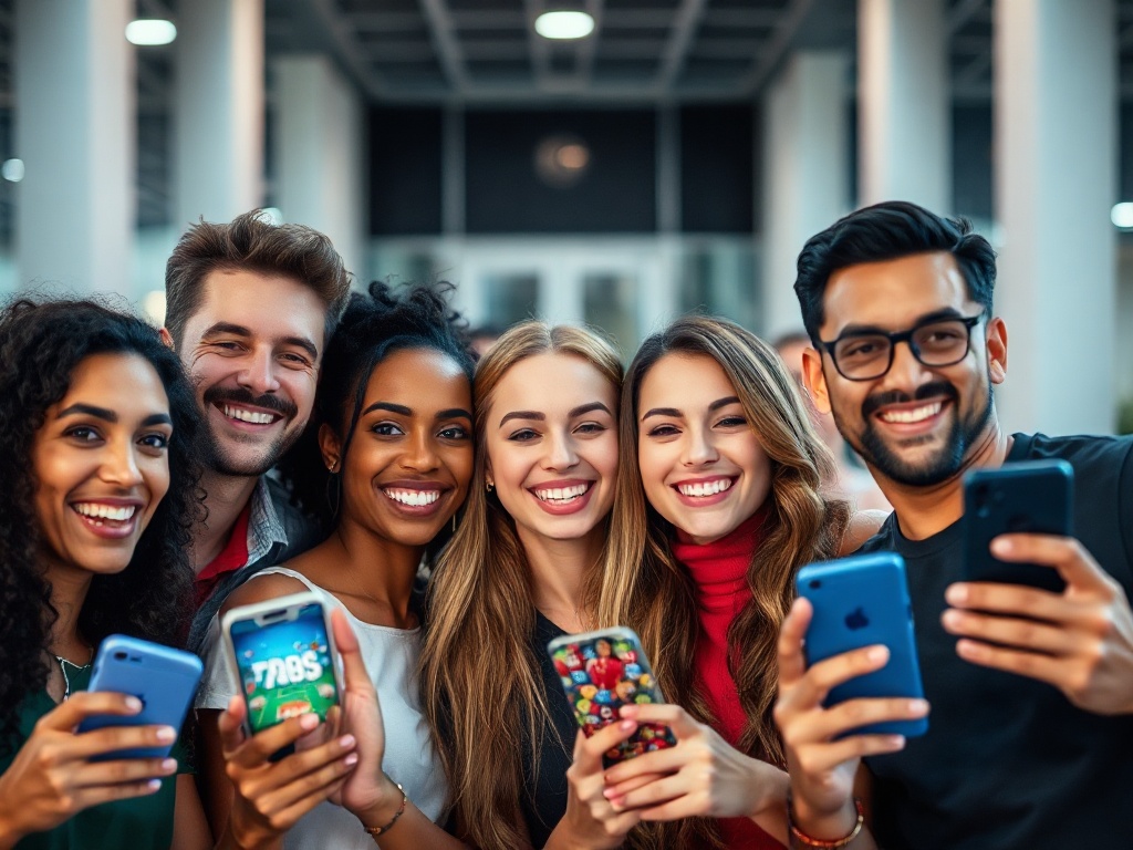 A cheerful diverse group smiling with smartphones, subtle icons suggesting sports and casino games, glowing interface panels, motion blur for speed, modern calm lighting, no logos.