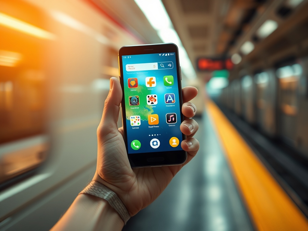 A hand holding a smartphone with glowing game icons, smooth motion blur, subway window backdrop, warm light, seamless interface glow, dynamic always-on vibe.