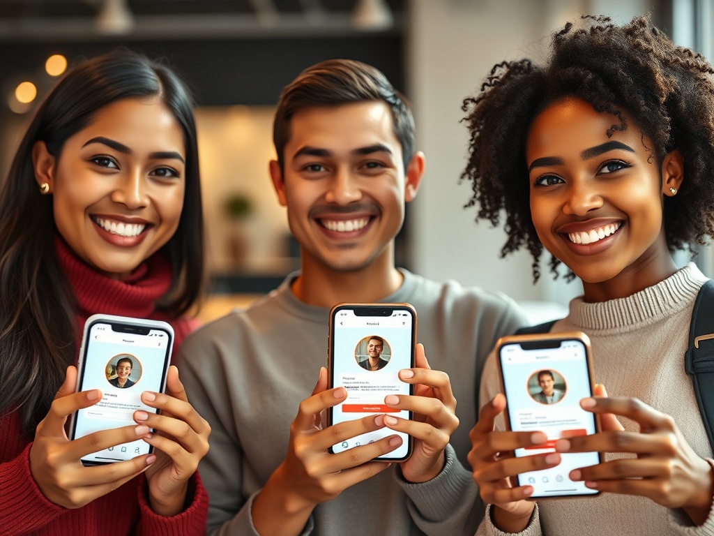 Three diverse smiling adults holding smartphones showing glowing app cards, smooth interface feel, welcoming registration, modern lifestyle background, soft light, dynamic motion, cinematic realism"
