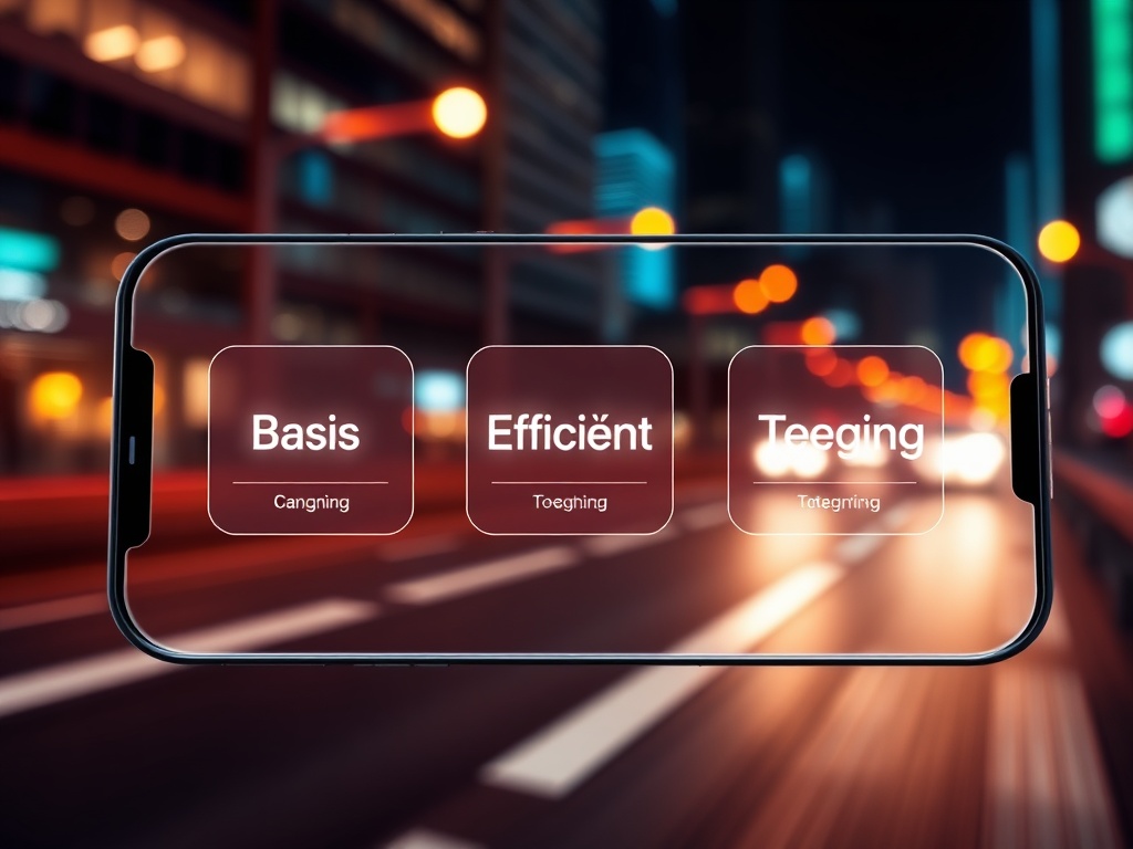 A futuristic smartphone dashboard showing three glowing icons labeled “Basis”, “Efficiënt”, “Toegang”, with smooth motion blur, clean UI panels, nightlife city lights, warm neon. "You MUST not include ANY brand images or logos. You may ONLY r