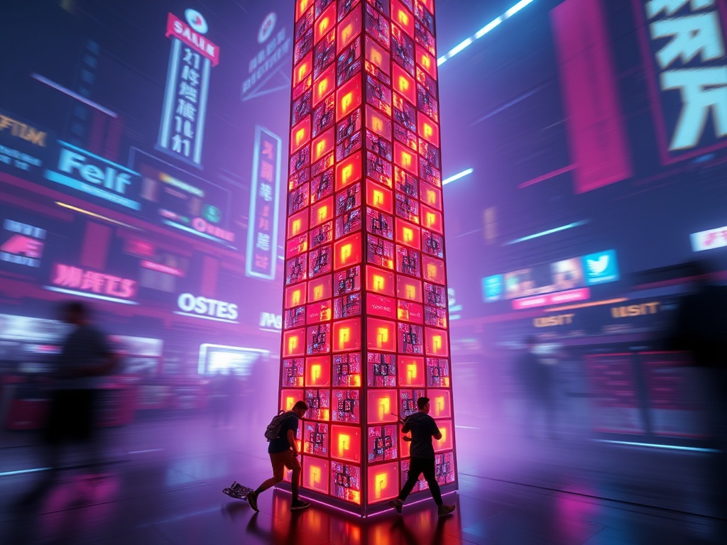 A futuristic vertical tower made of glowing tiles, players in motion, dynamic motion blur, split perspectives showing “Day 1” learning, “Day 2” strategy, “Day 3” timing, intense neon lighting. "You MUST not include ANY brand images or logos. Y