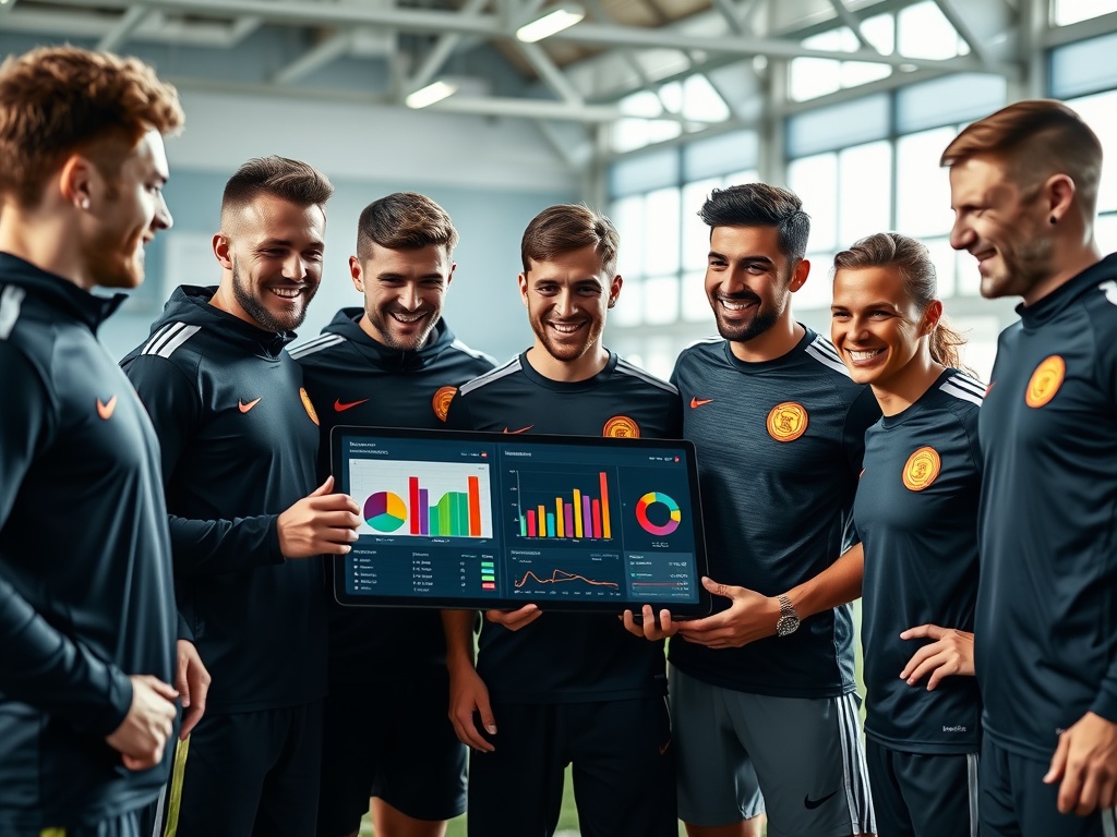 A diverse football player group in a bright indoor training room, analyzing a tablet dashboard with colorful charts, smiling after improvements; dynamic lighting.