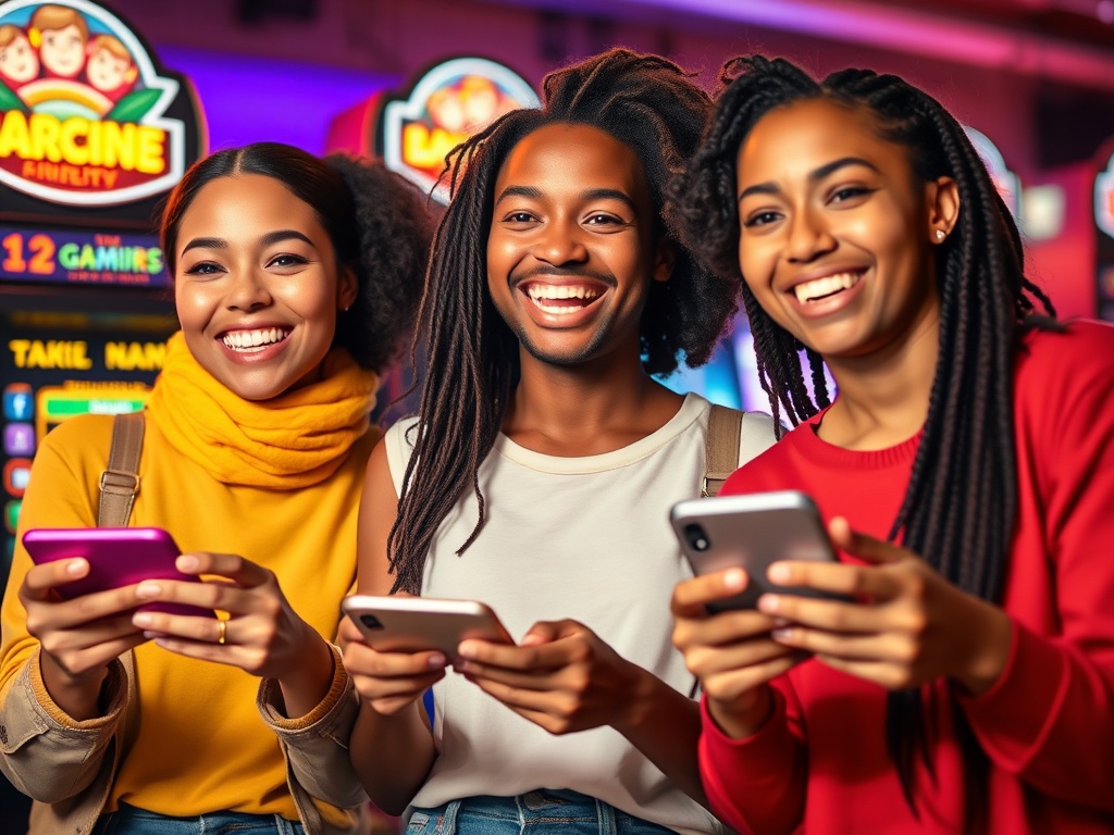 "Vibrant mobile gaming scene with three diverse smiling people, each holding a phone; colorful arcade-style icons in the background; warm lighting, joyful casual atmosphere."