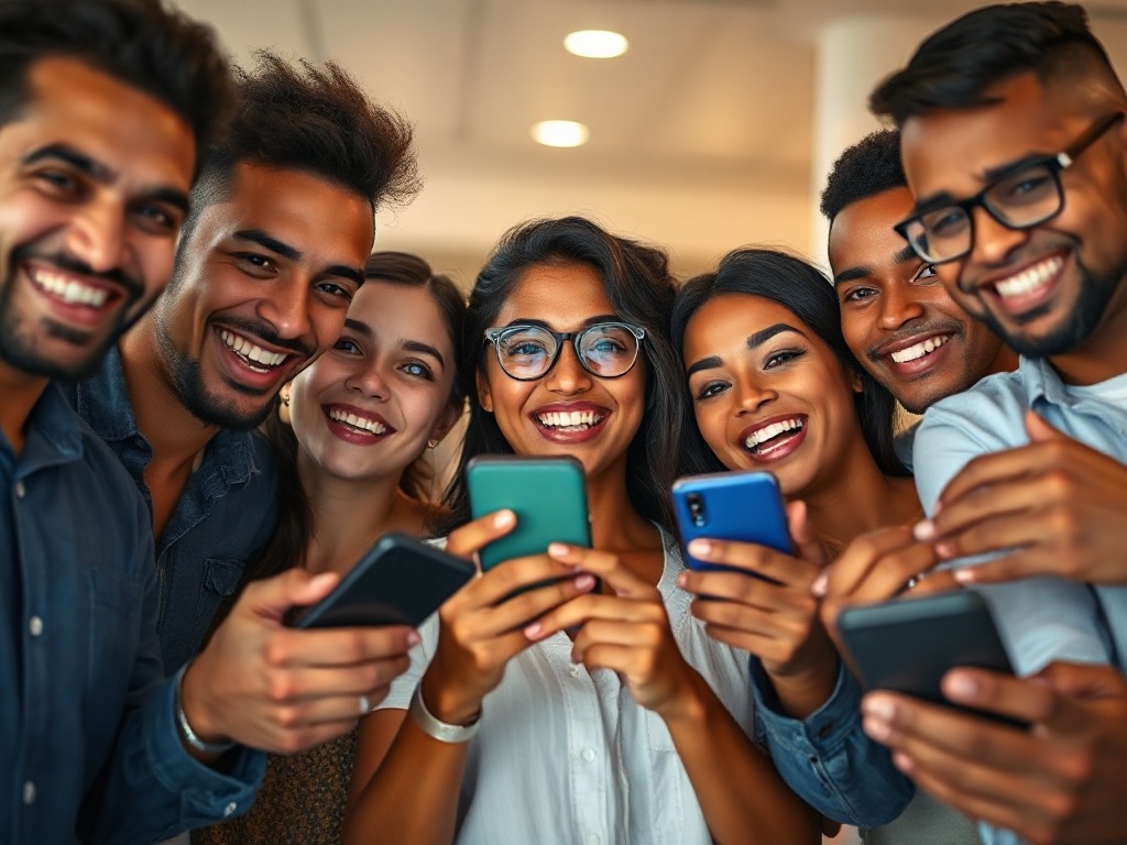 A cheerful diverse group smiling with smartphones, subtle icons suggesting sports and casino games, glowing interface panels, motion blur for speed, modern calm lighting, no logos.