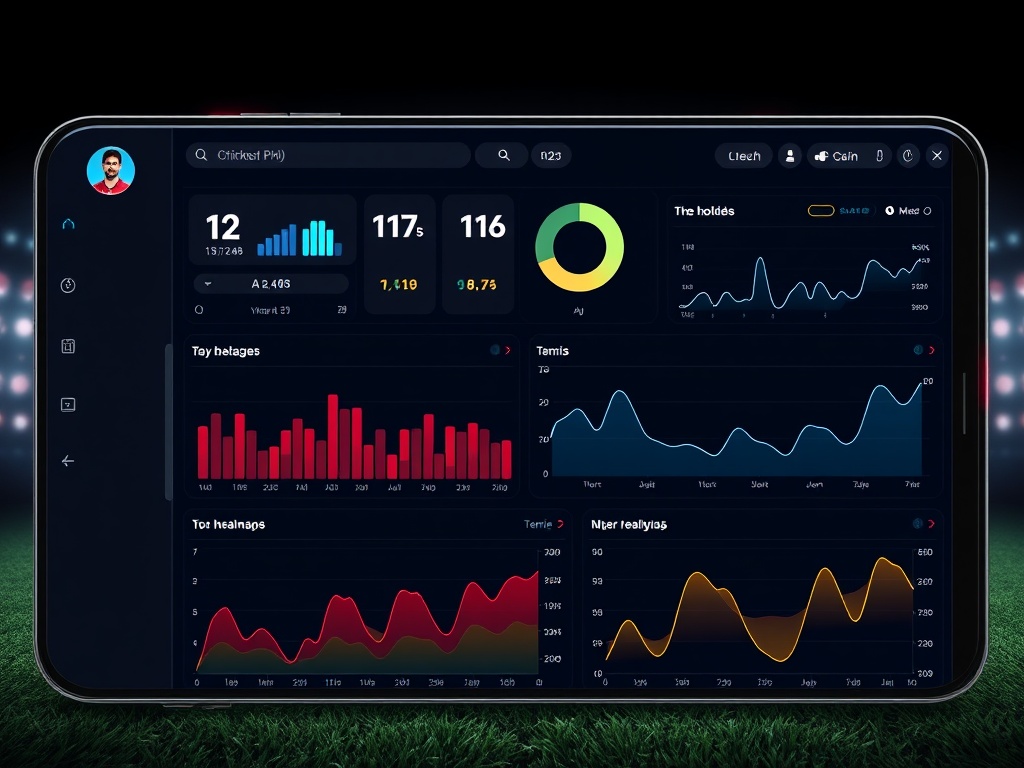 A futuristic mobile dashboard showing cricket, football, tennis analytics with realtime graphs, comparative player heatmaps, and flowing trend lines; sleek dark theme, UI glow.
