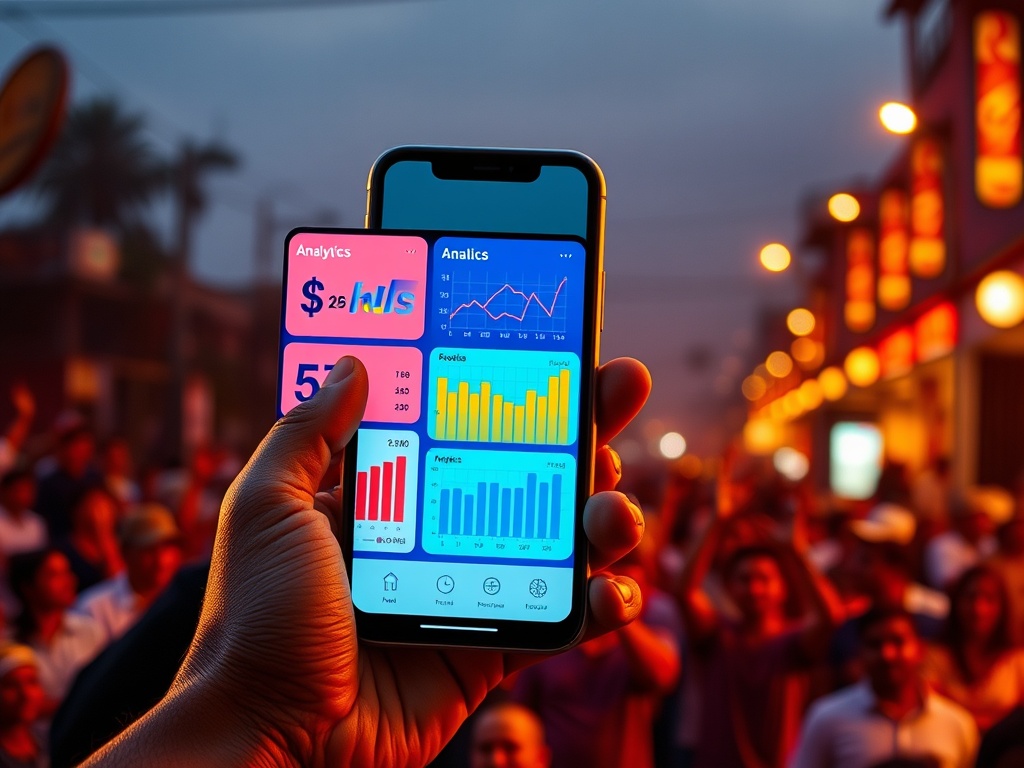 A modern smartphone showing colorful sports analytics cards with graphs, cheering crowd silhouette, warm India street lights, diverse happy users, trust and speed.