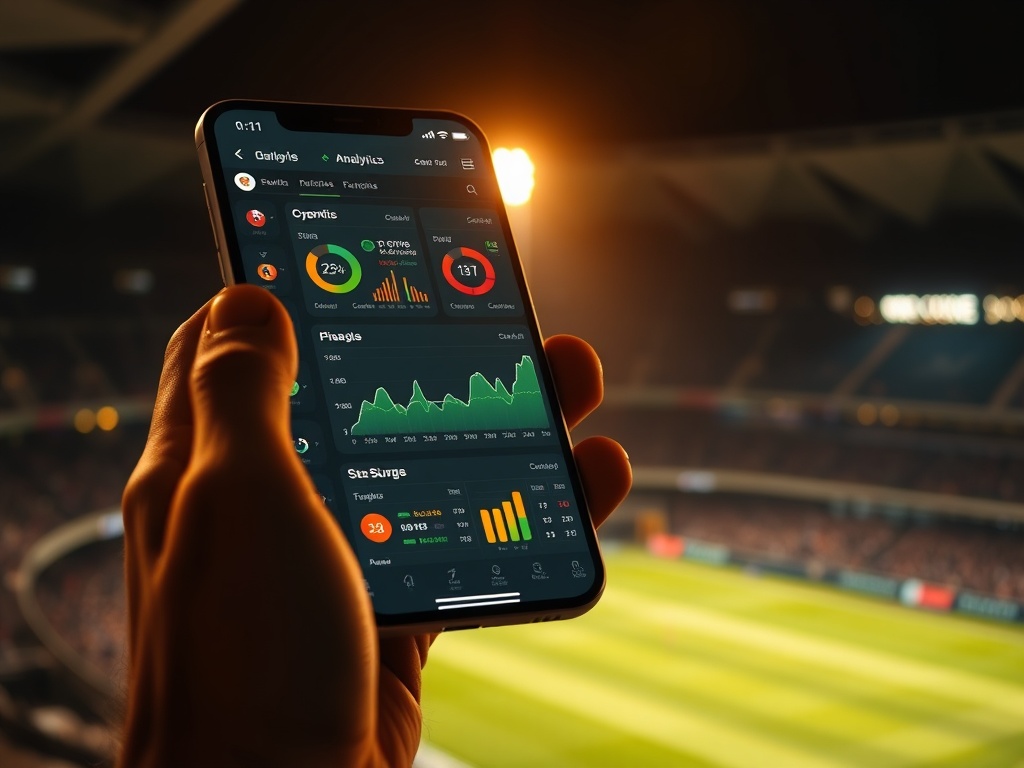 A modern cricket analytics dashboard on a phone, "dynamic match graphs", "focused male viewer", "stadium lights", warm confident mood, cinematic lighting.