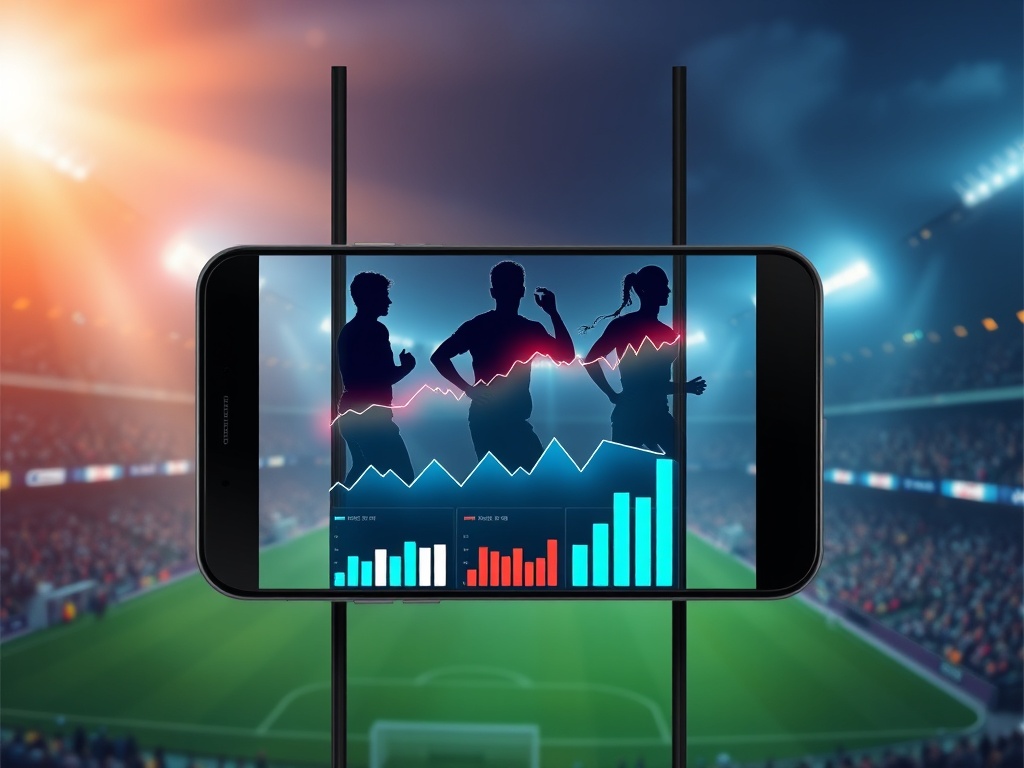"A modern smartphone mockup displaying clean abstract sports analytics charts, glowing data graphs, three diverse male athletes silhouettes, energetic stadium background, cinematic lighting, high-tech feel." "You MUST not include ANY brand images or logos