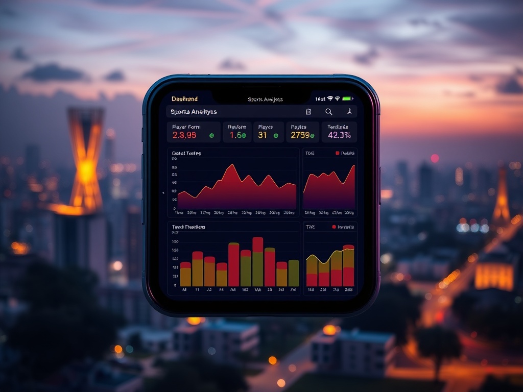 Futuristic mobile dashboard showing colorful sports analytics; match heatmap, player form graphs, team trend lines; Indian city at dusk; smartphone centered, dynamic lighting, high detail