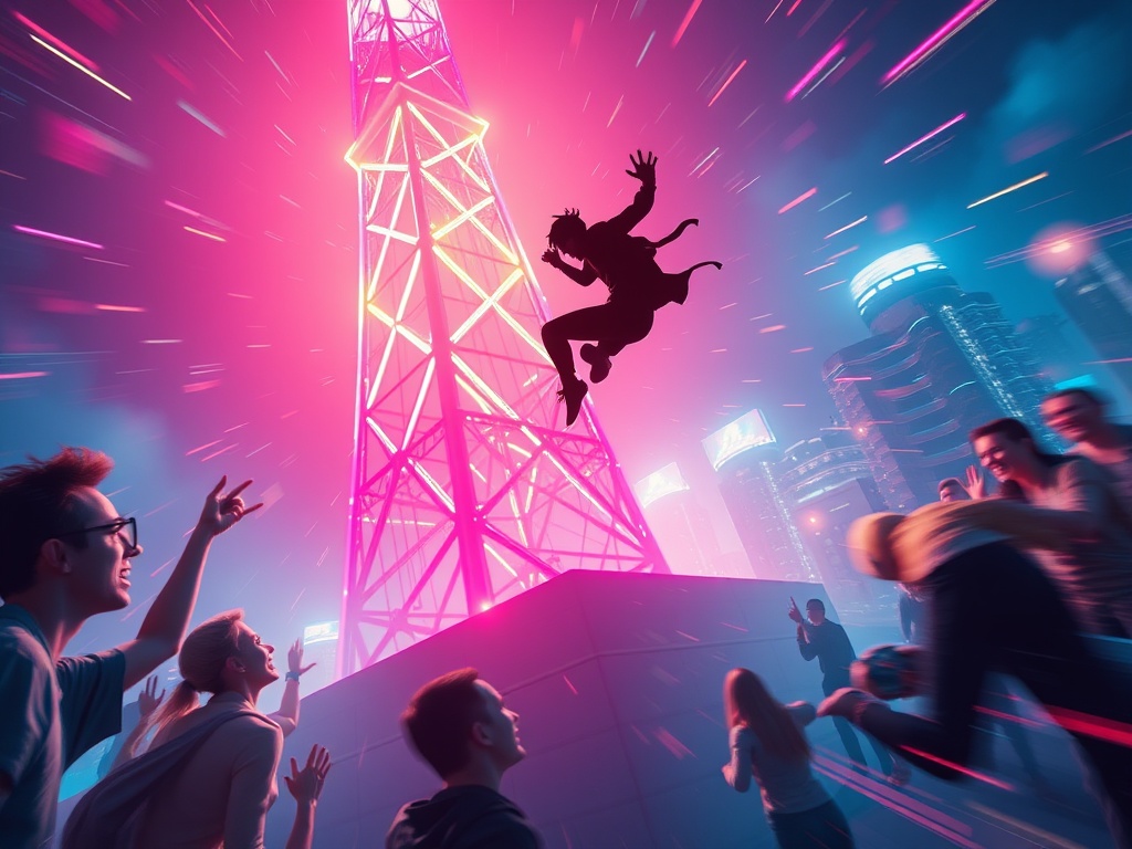 Dynamic neon-lit tower in motion, player silhouette making strategic leap midair, glowing rewards trails, diverse excited faces, motion blur, cinematic depth, energetic atmosphere.
