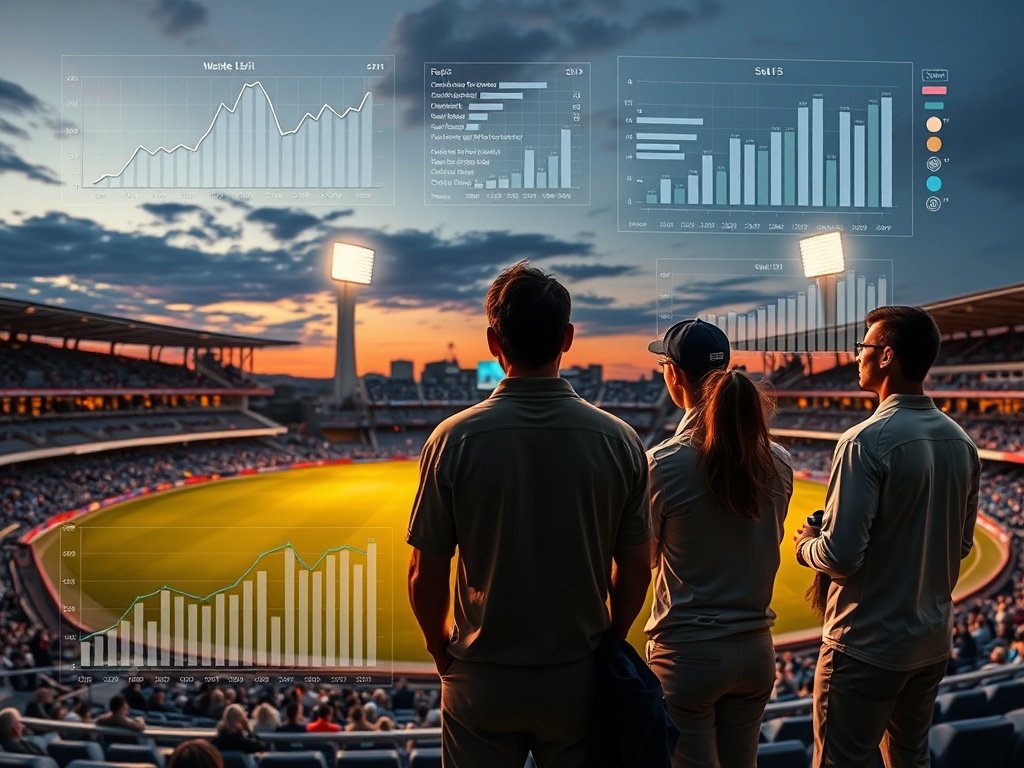 "Cricket stadium at dusk with glowing pitch, overlay of abstract stat graphs and charts, three diverse fans and athletes reviewing data, cinematic lighting."