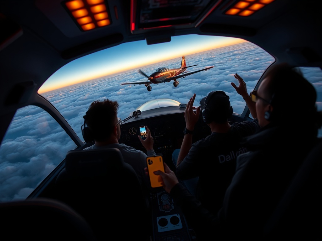 "Inside cockpit, diverse players silhouettes cheering, smartphone glow, small vintage plane soaring toward horizon, clouds and speed lines, dynamic lighting, celebratory mood"
