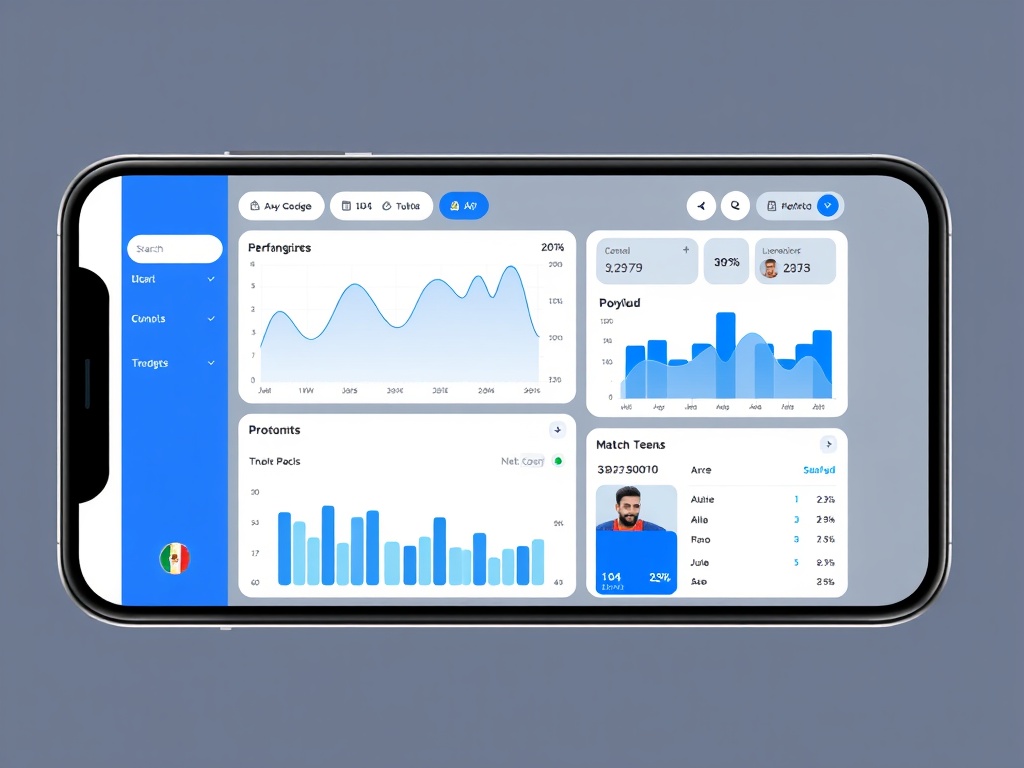 A sleek smartphone dashboard displaying sports analytics charts with line graphs, bar comparisons, match trends, and player performance panels, dynamic blue accents, modern minimal UI, no logos.