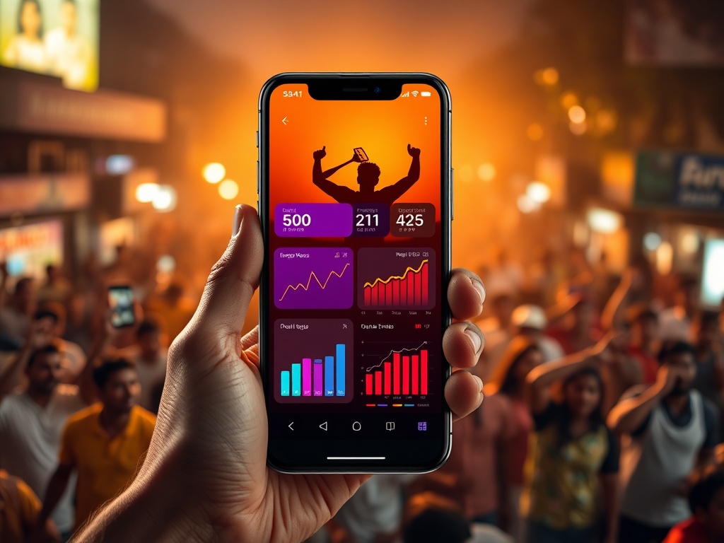 A modern smartphone showing colorful sports analytics cards with graphs, cheering crowd silhouette, warm India street lights, diverse happy users, trust and speed.