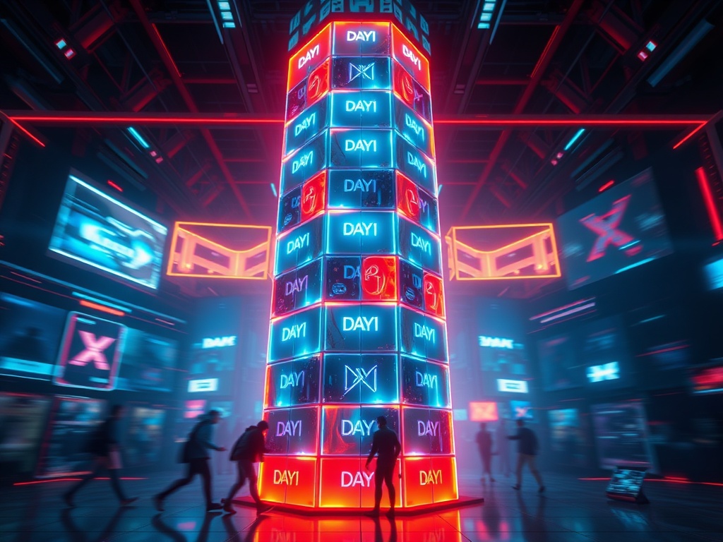 A futuristic vertical tower made of glowing tiles, players in motion, dynamic motion blur, split perspectives showing “Day 1” learning, “Day 2” strategy, “Day 3” timing, intense neon lighting. "You MUST not include ANY brand images or logos. Y