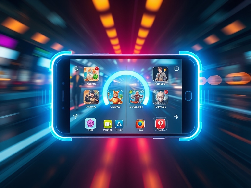 A futuristic smartphone screen glowing, showing colorful game icons and a fast-loading arc, with motion-blur suggesting instant access; split scene
