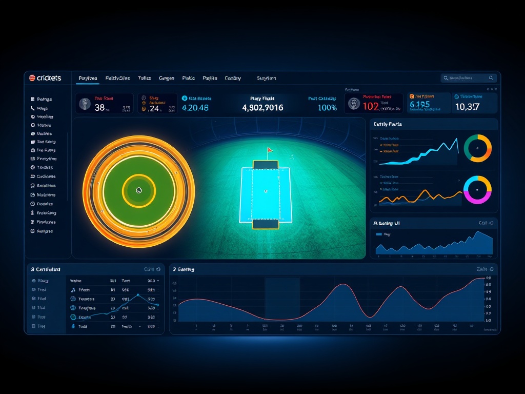 "modern cricket analytics dashboard" "glowing pitch map" "batting and bowling charts" "match momentum timeline" "futuristic UI panels" "cinematic blue lighting" "clean minimalist style".