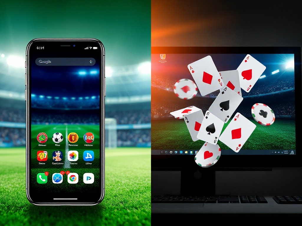 Split composition showing a sleek smartphone and desktop interface, seamless transitions between sports field icons and casino cards, subtle motion streaks, clean modern glow, emphasis on ease, choice, speed."