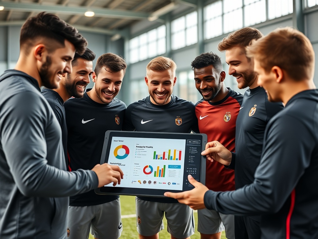 A diverse football player group in a bright indoor training room, analyzing a tablet dashboard with colorful charts, smiling after improvements; dynamic lighting.