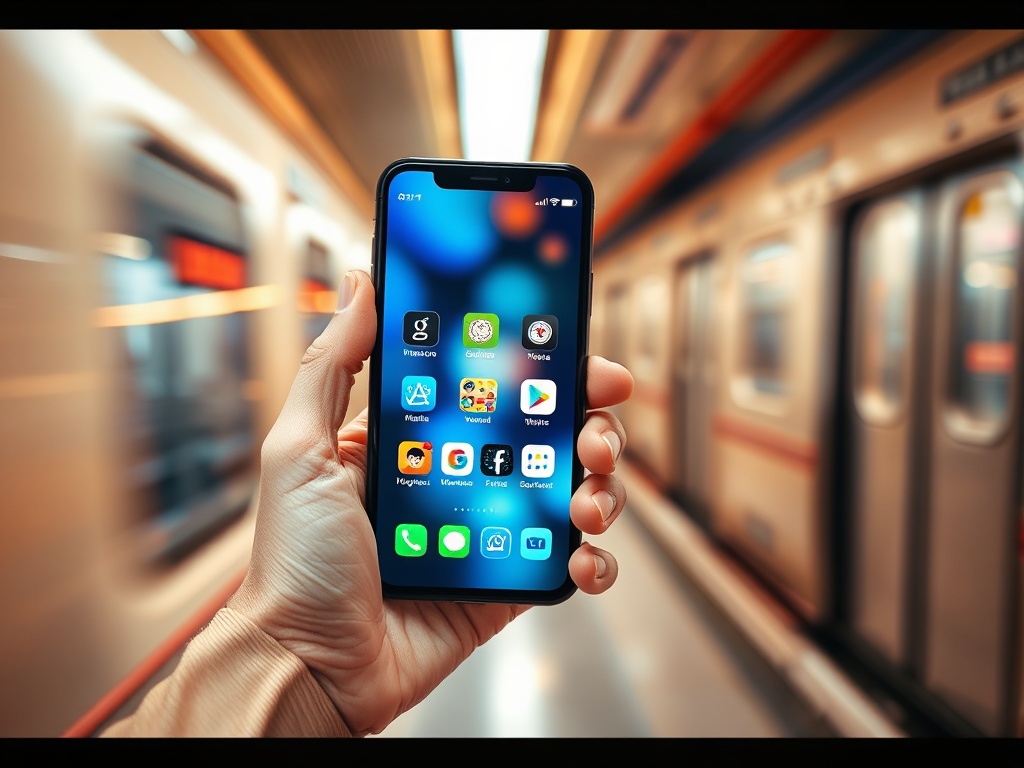 A hand holding a smartphone with glowing game icons, smooth motion blur, subway window backdrop, warm light, seamless interface glow, dynamic always-on vibe.