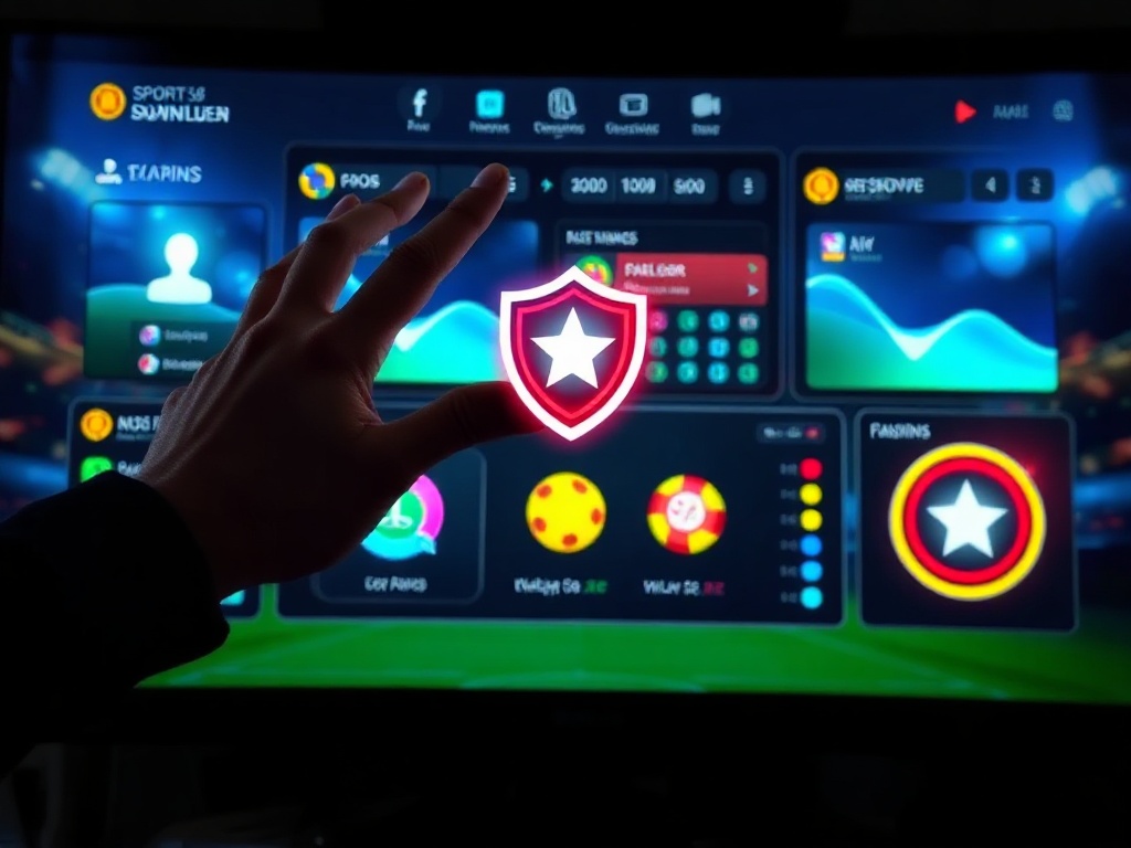 Modern trainer gesture welcoming a user to a streamlined digital sports-and-casino dashboard; glowing icons, mobile and desktop screens, speed motion, transparent shield, responsible play symbols.