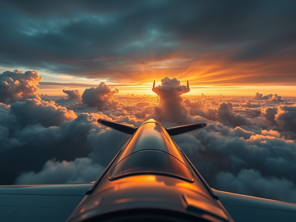 "Inside a cockpit view, a sleek propeller airplane flying through dramatic clouds toward a glowing horizon, motion blur, dynamic lighting, hopeful thrill." "High-angle, cinematic, mobile game vibe, vibrant colors, no logos."
