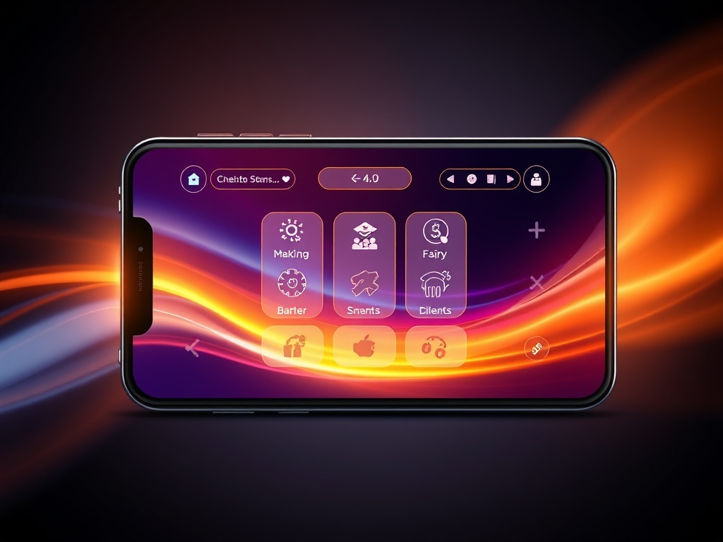 A modern smartphone showing a smooth game menu glow, quick-access icons, friendly onboarding screens as abstract shapes, user-ready speed lines, dynamic lighting, gaming vibe.