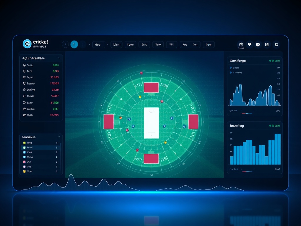 "modern cricket analytics dashboard" "glowing pitch map" "batting and bowling charts" "match momentum timeline" "futuristic UI panels" "cinematic blue lighting" "clean minimalist style".
