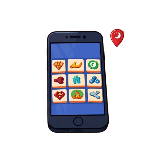 Carefully describe an image with "smartphone" showing a "game grid" with several "game tiles", include "lightning" to suggest "fast play", add "location pin" to show "play anywhere", include "sparkle" accents, use bright "primary colors" and thick outline