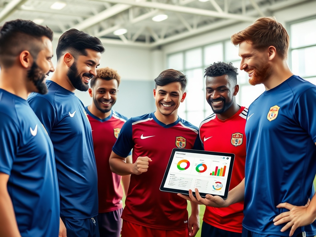 A diverse football player group in a bright indoor training room, analyzing a tablet dashboard with colorful charts, smiling after improvements; dynamic lighting.