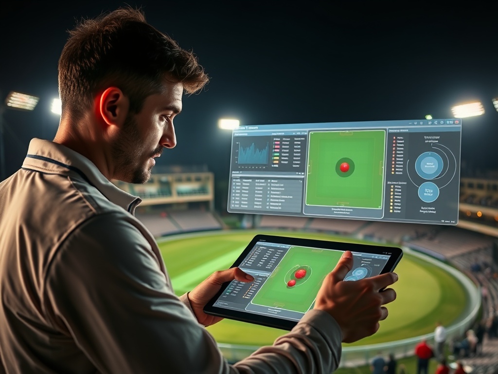 A focused male cricket trainer analyzing a live match on a tablet; glowing analytics overlays, bowling/batting charts, pitch map, dramatic stadium lighting.