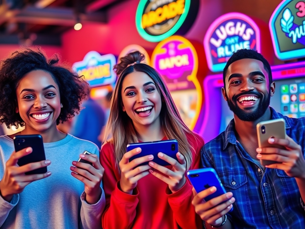 "Vibrant mobile gaming scene with three diverse smiling people, each holding a phone; colorful arcade-style icons in the background; warm lighting, joyful casual atmosphere."