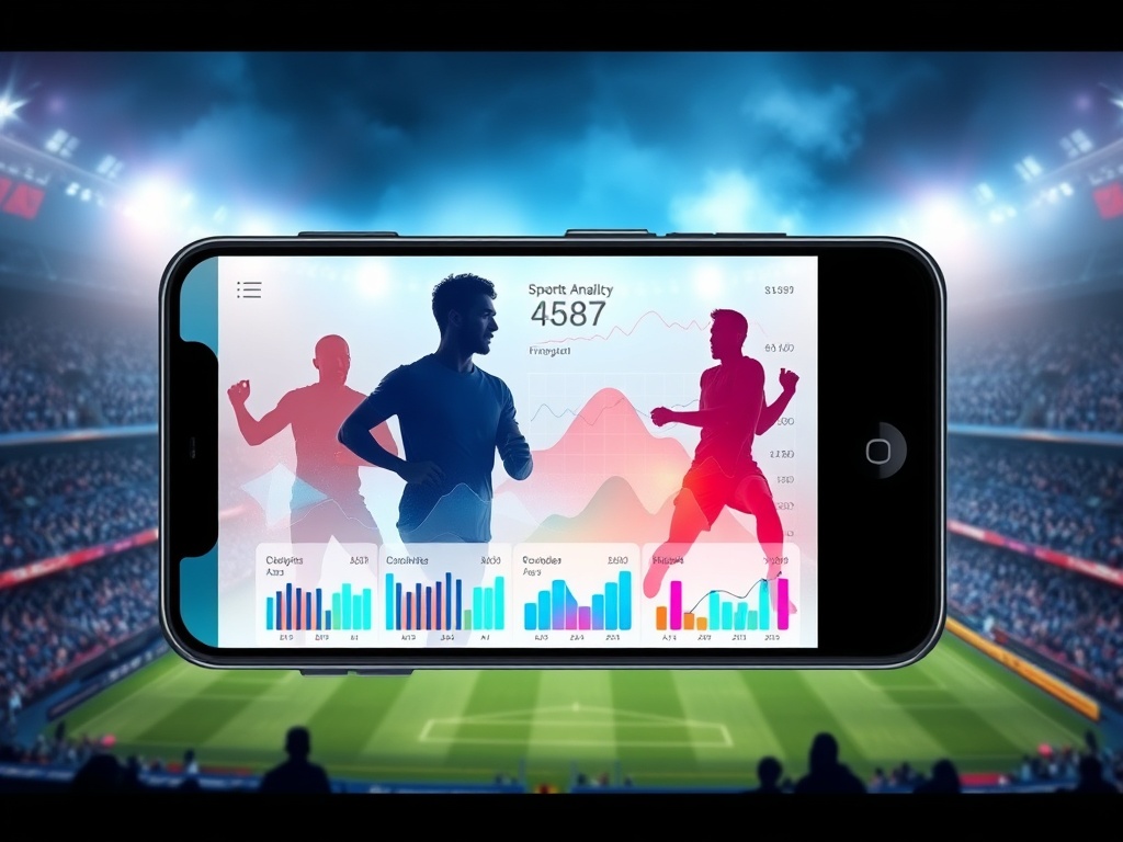 "A modern smartphone mockup displaying clean abstract sports analytics charts, glowing data graphs, three diverse male athletes silhouettes, energetic stadium background, cinematic lighting, high-tech feel." "You MUST not include ANY brand images or logos