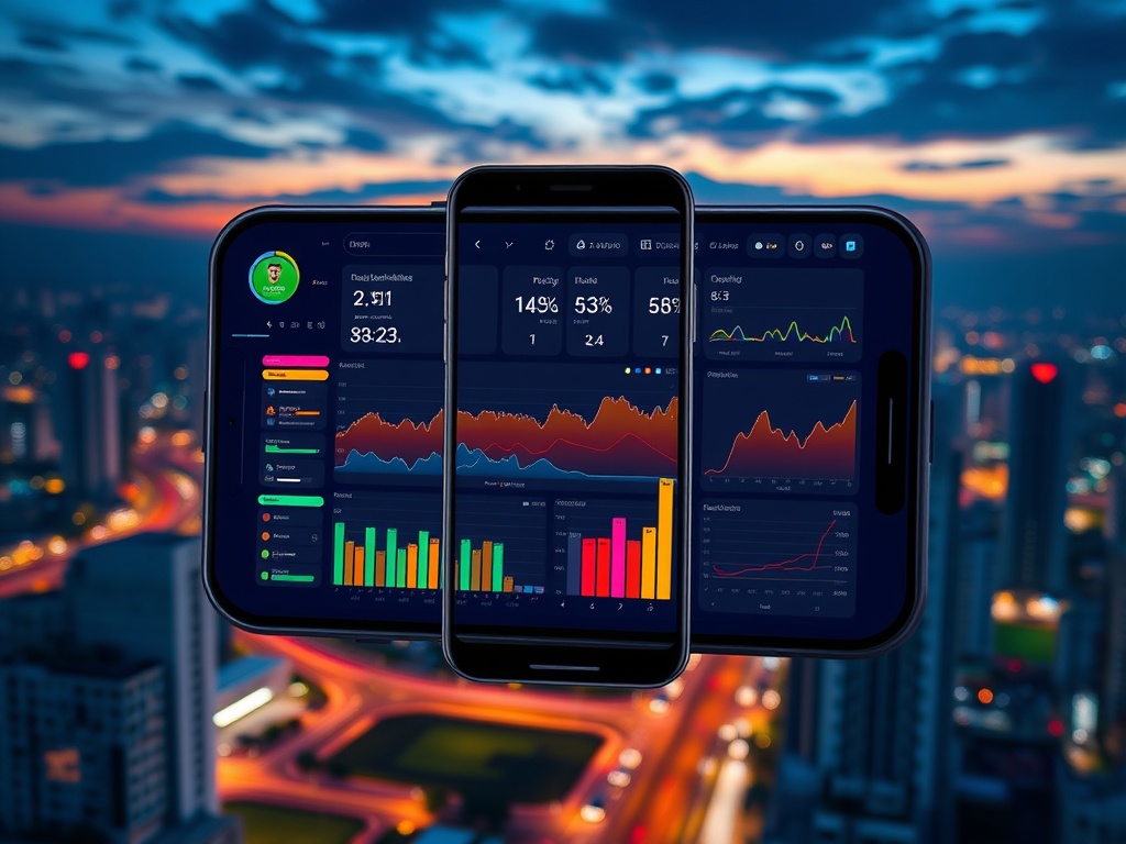 Futuristic mobile dashboard showing colorful sports analytics; match heatmap, player form graphs, team trend lines; Indian city at dusk; smartphone centered, dynamic lighting, high detail