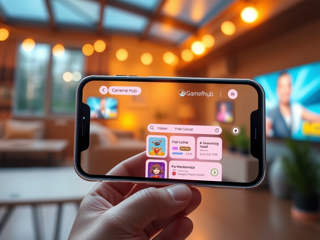 Glowing smartphone displaying a clean game hub interface, smooth animations, fast-loading feel, cozy home-and-outdoor lighting, dynamic motion blur.