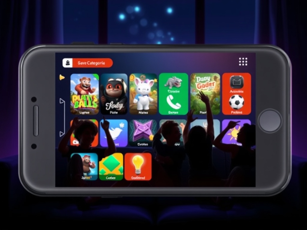A modern smartphone glows with colorful casual and arcade game tiles, smooth swipe transitions between categories, joyful silhouettes on a couch, night ambience." "You MUST not include ANY brand images or logos. You may ONLY reply with the format given. I