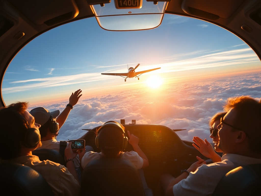 "Inside cockpit, diverse players silhouettes cheering, smartphone glow, small vintage plane soaring toward horizon, clouds and speed lines, dynamic lighting, celebratory mood"
