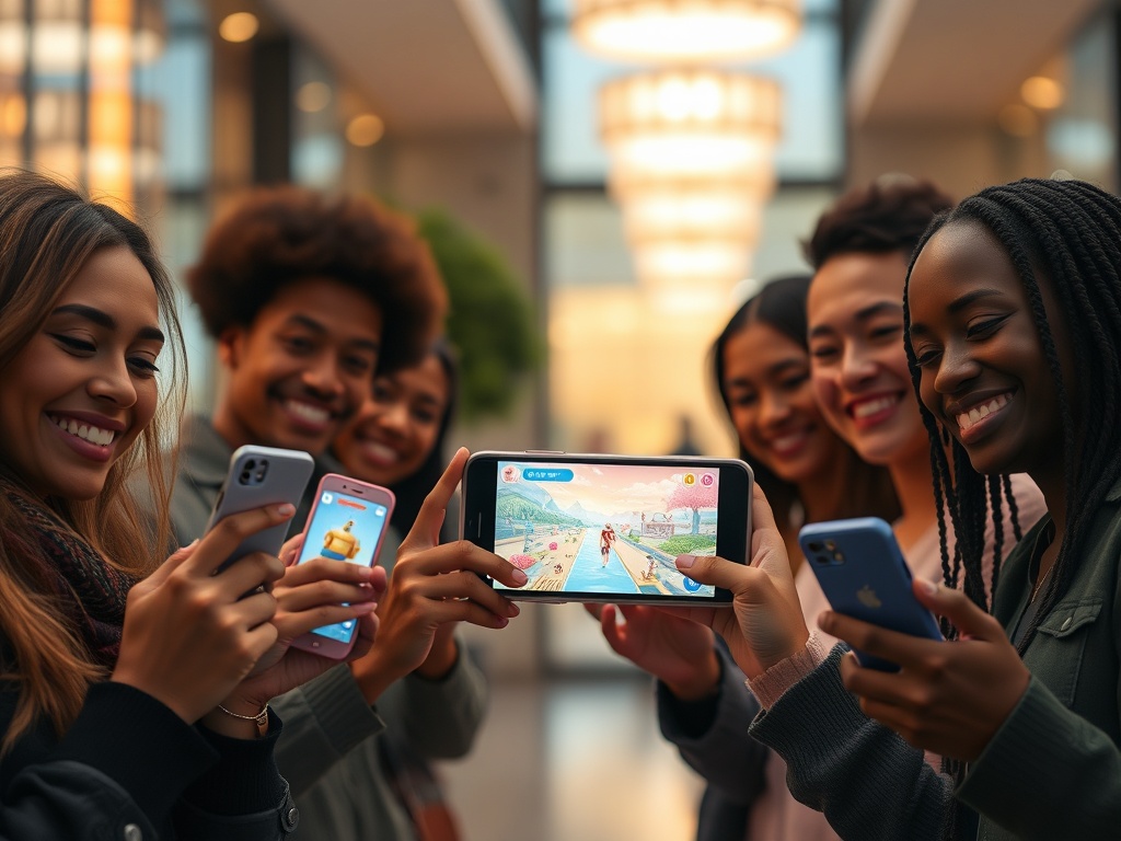 A diverse group smiling, holding smartphones displaying an abstract game lobby glow, cozy indoor and outdoor scenes, dynamic motion blur, welcoming atmosphere, modern UI icons shapes only, warm lighting