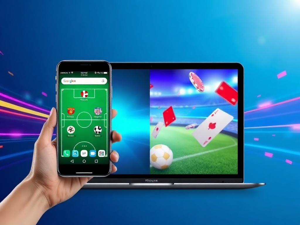 Split composition showing a sleek smartphone and desktop interface, seamless transitions between sports field icons and casino cards, subtle motion streaks, clean modern glow, emphasis on ease, choice, speed."