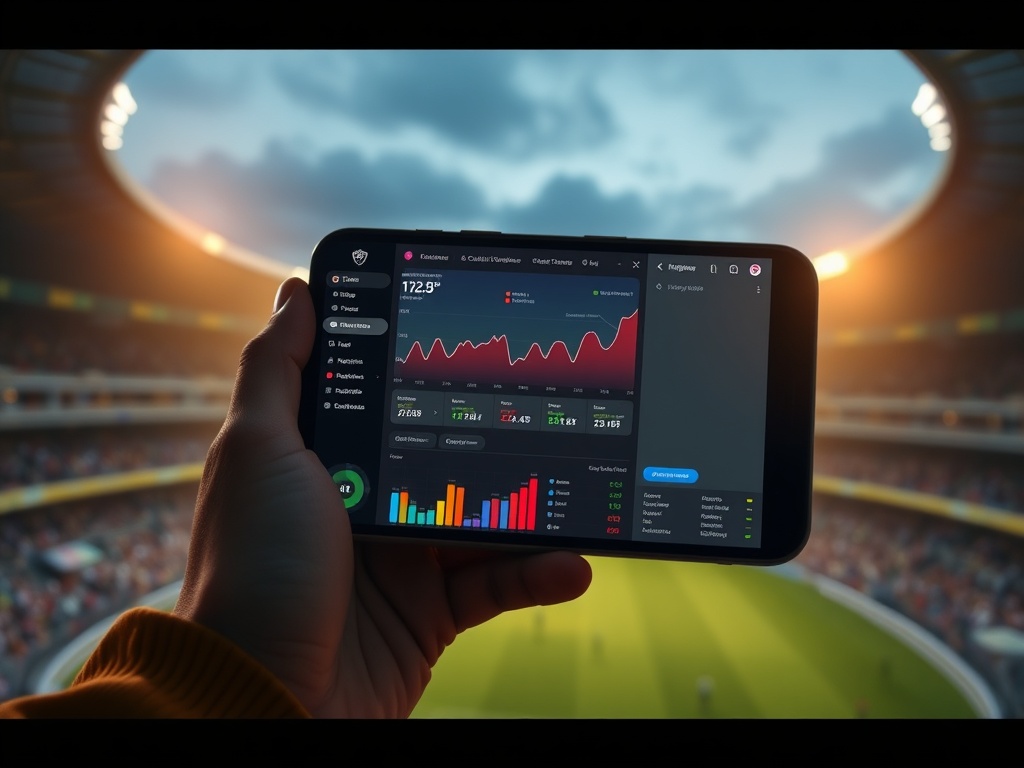 A modern cricket analytics dashboard on a phone, "dynamic match graphs", "focused male viewer", "stadium lights", warm confident mood, cinematic lighting.