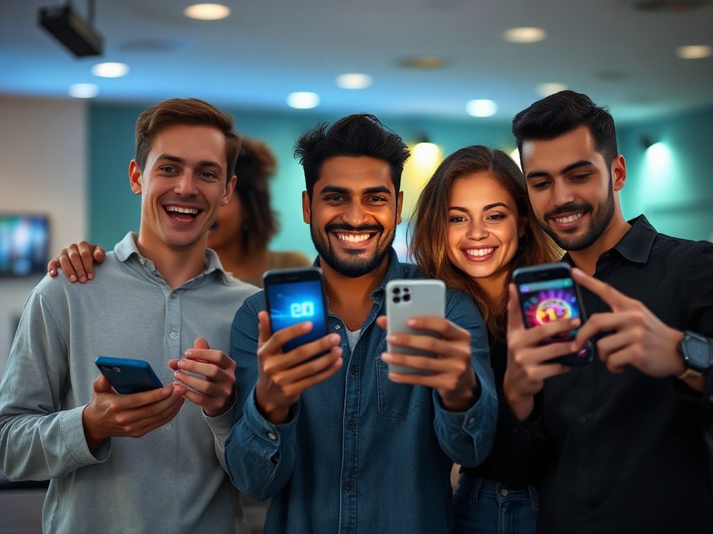 A cheerful diverse group smiling with smartphones, subtle icons suggesting sports and casino games, glowing interface panels, motion blur for speed, modern calm lighting, no logos.