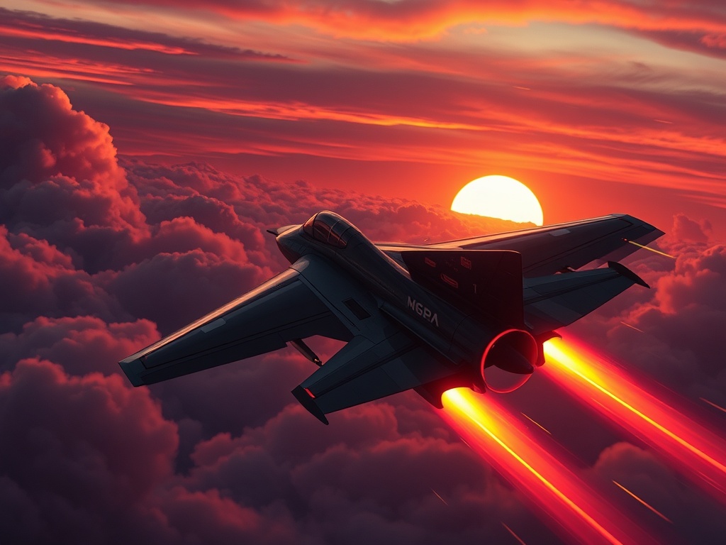 "A sleek small fighter plane banking forward through clouds, neon sunset sky, HUD-like glow accents, dynamic motion blur, scattered light trails, cinematic adventure gameplay mood"