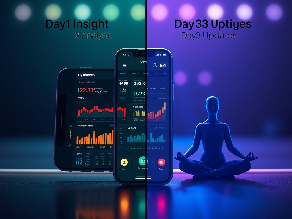 Split-screen concept showing “Day1 Insight” and “Day2 Analysis” around a glowing phone dashboard with sports charts, live stats icons, data trends, and serene “Day3 Updates” yoga breath imagery. High-tech calm palette, cinematic lighting.